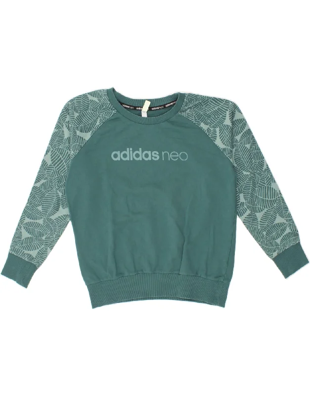 ADIDAS Womens Graphic Sweatshirt Jumper UK 10 Small Green Cotton Hoodie with Back Slit Movement Comfort ADIDAS Womens Graphic Sweatshirt Jumper UK 10 Small Green Cotton Hoodie with Back Slit Movement Comfort