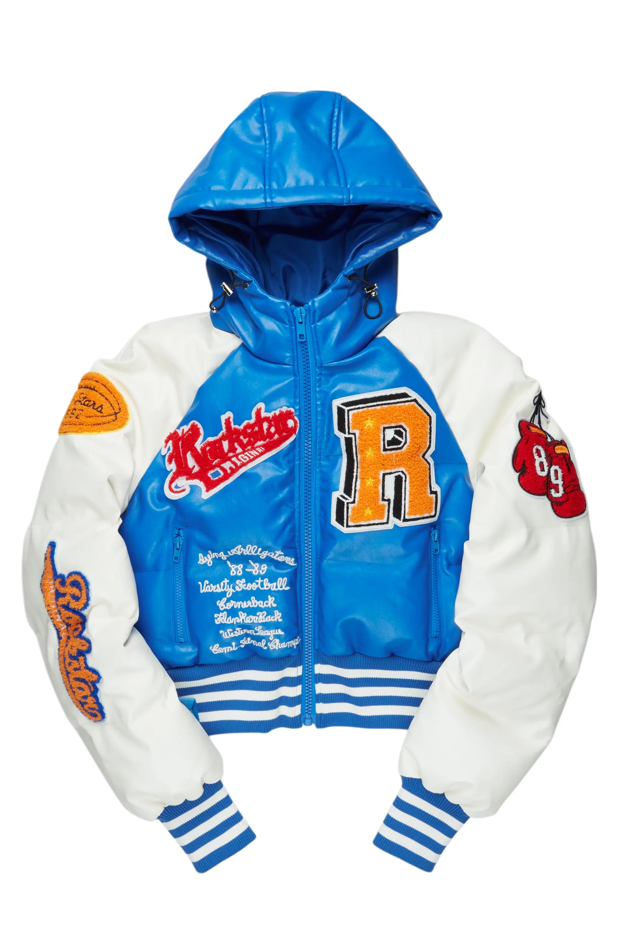 Xamaria Blue Crop Puffer Jacket Zippered Jacket Buttoned Jacket Snapped Jacket