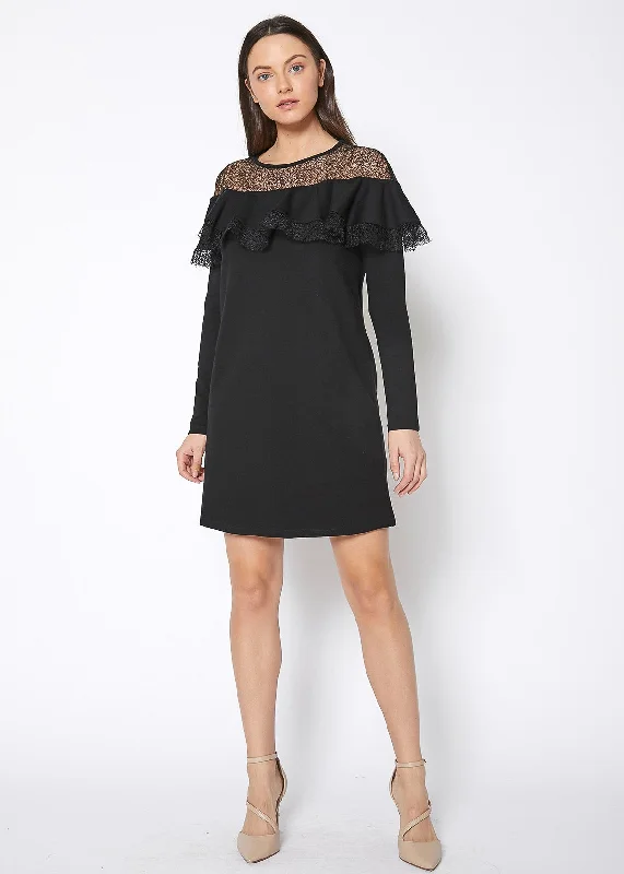 Lace Trim Sweatshirt Dress In Black by Shop at Konus Hoodie with Half-Zip Sporty Casual Lace Trim Sweatshirt Dress In Black by Shop at Konus Hoodie with Half-Zip Sporty Casual
