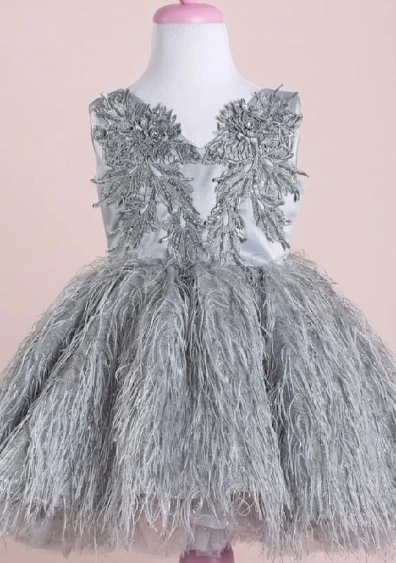 Tha Designs Girls’ Silver Feathered Party Dress Tunics Long Elegant