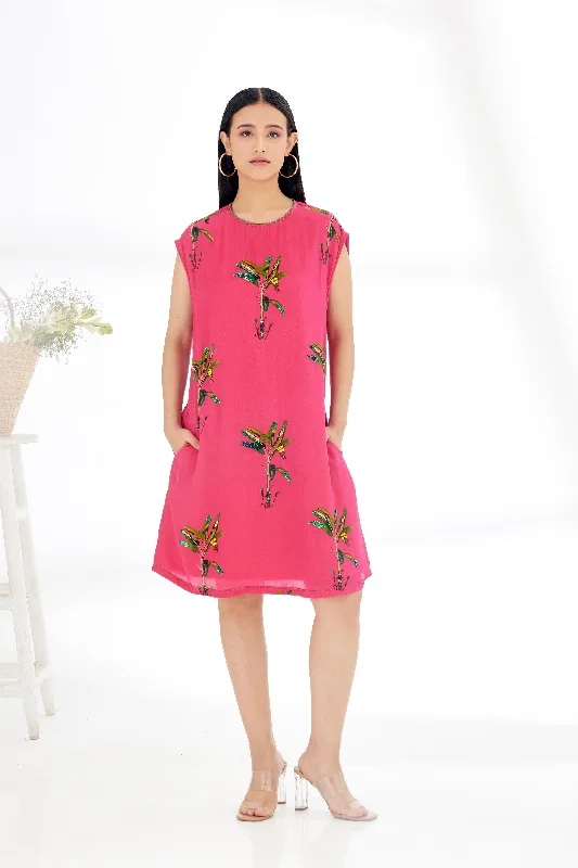 Fuchsia Pink Hand painted Banana Tree Print Shift Dress Tunics Practical easy-care