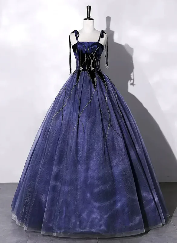 Navy Blue Tulle and Velvet Long Prom Dress, A-Line Straps Evening Party Dress Off-the-shoulder Bohemian Festive Navy Blue Tulle and Velvet Long Prom Dress, A-Line Straps Evening Party Dress Off-the-shoulder Bohemian Festive
