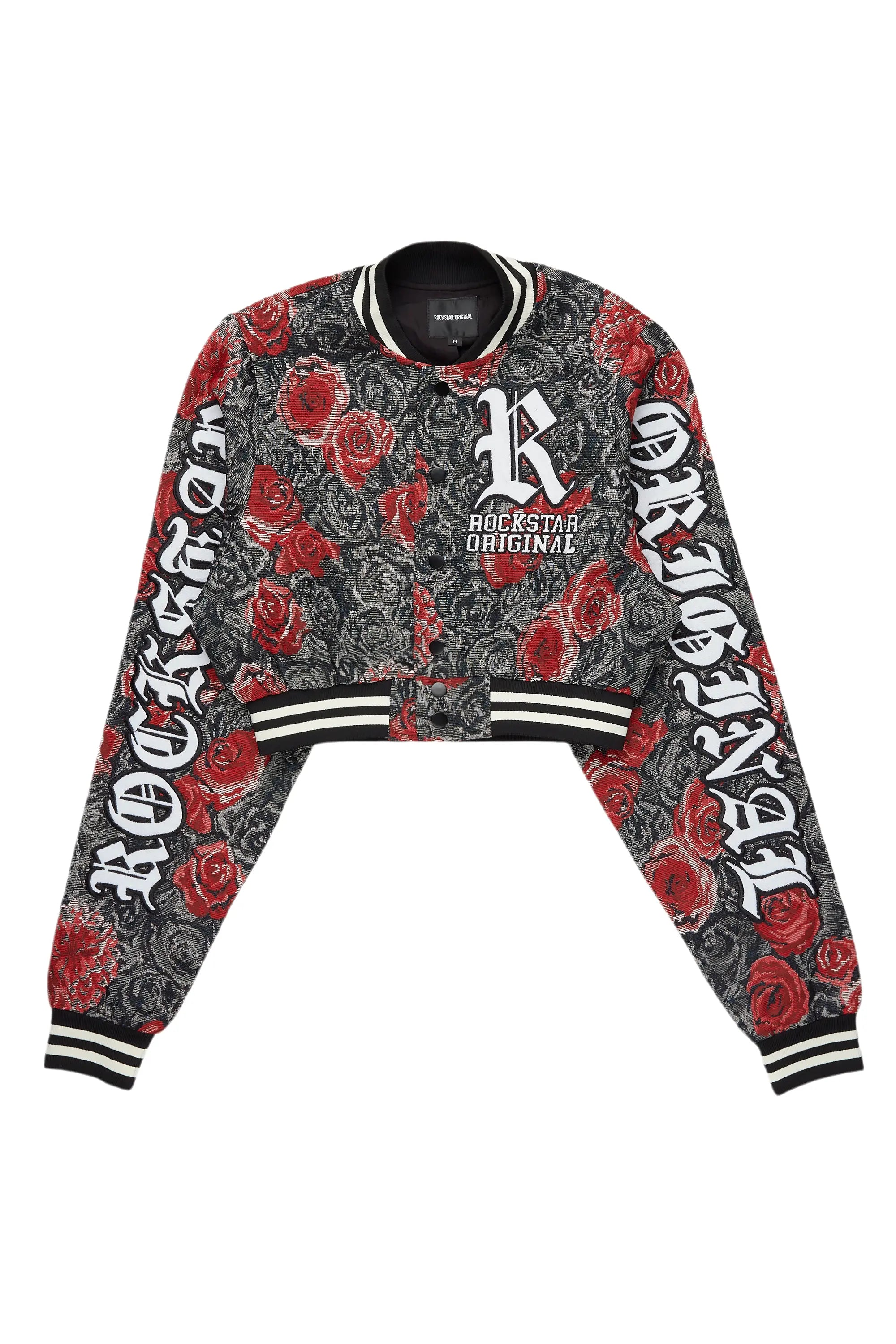 Darresha Black/Red Crop Tapestry Varsity Jacket Zippered Front Buttoned Front Snap Front Darresha Black/Red Crop Tapestry Varsity Jacket Zippered Front Buttoned Front Snap Front