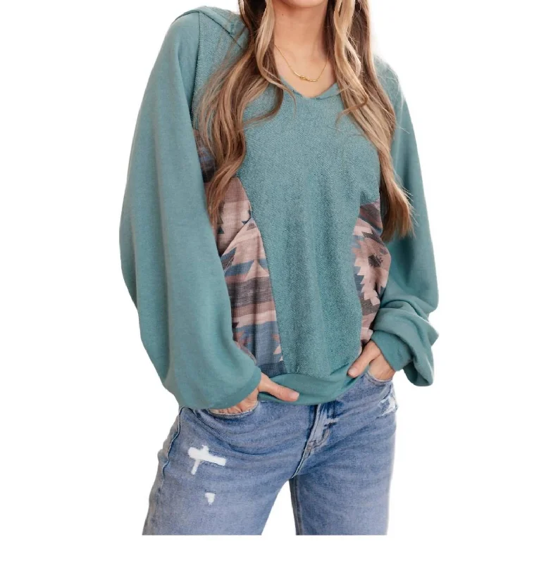 Southwest Sunrise Patchwork Hoodie In Green Hoodie with Cuffed Sleeves Snug Secure