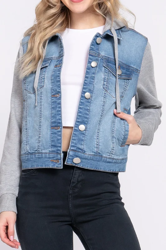 Women's Denim Vest and Hoodie Denim Jackets Welt Pockets Slit Pockets Flap Pockets