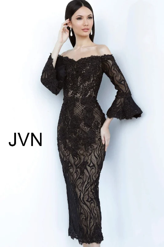 Off The Shoulder Tea Length Lace Evening Dress By Jovani -JVN2241 Tunic Top Casual