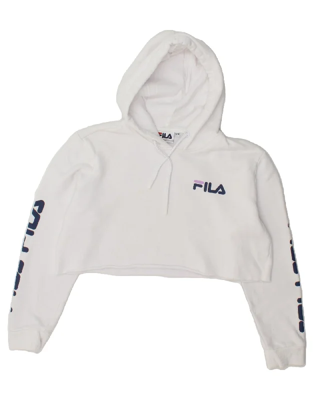FILA Womens Oversized Graphic Crop Hoodie Jumper UK 10 Small White Cotton Hoodie with Longline Fit Extended Stylish FILA Womens Oversized Graphic Crop Hoodie Jumper UK 10 Small White Cotton Hoodie with Longline Fit Extended Stylish