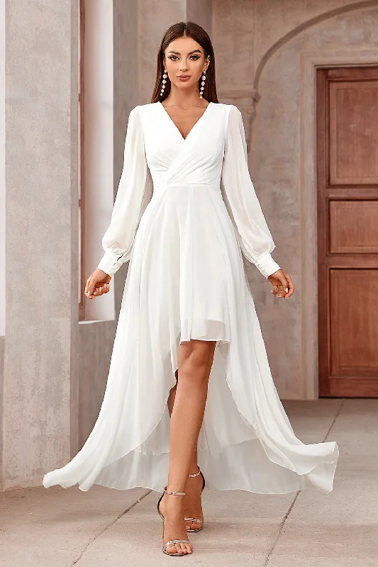 White A-Line Wrap Long Sleeves High-Low Party Dress Tunics Handmade artisanal
