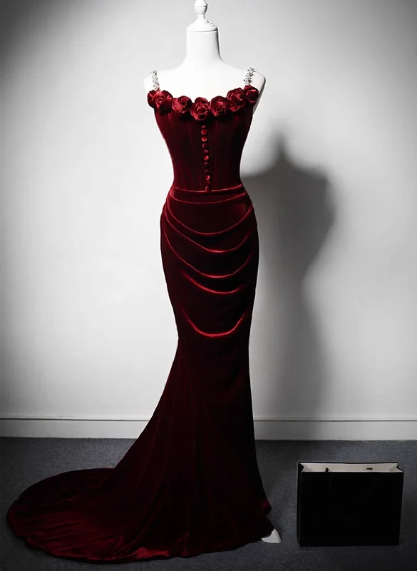 Wine Red Velvet Mermaid Long Straps Evening Dress, Wine Red Velvet Party Dress Tunics Practical easy-care