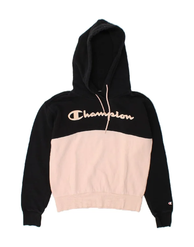 CHAMPION Womens Graphic Hoodie Jumper UK 14 Medium Black Colourblock Hoodie with Oversized Fit Loose Comfortable CHAMPION Womens Graphic Hoodie Jumper UK 14 Medium Black Colourblock Hoodie with Oversized Fit Loose Comfortable