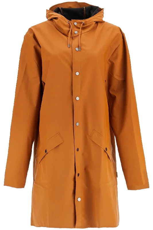 Unisex Long Rain Jacket  - Orange Snapped Jacket Toggled Jacket Drawstring Jacket