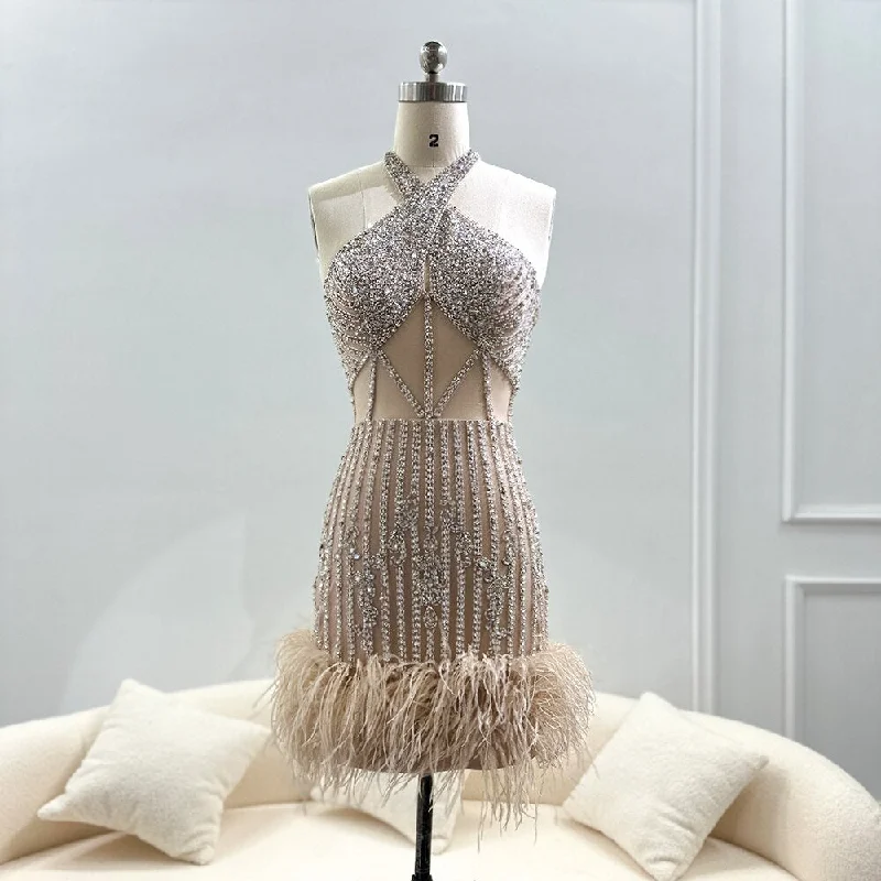 Luxury Feathers Nude Halter Short Cocktail Party Dress SS172 Tunics Denim casual