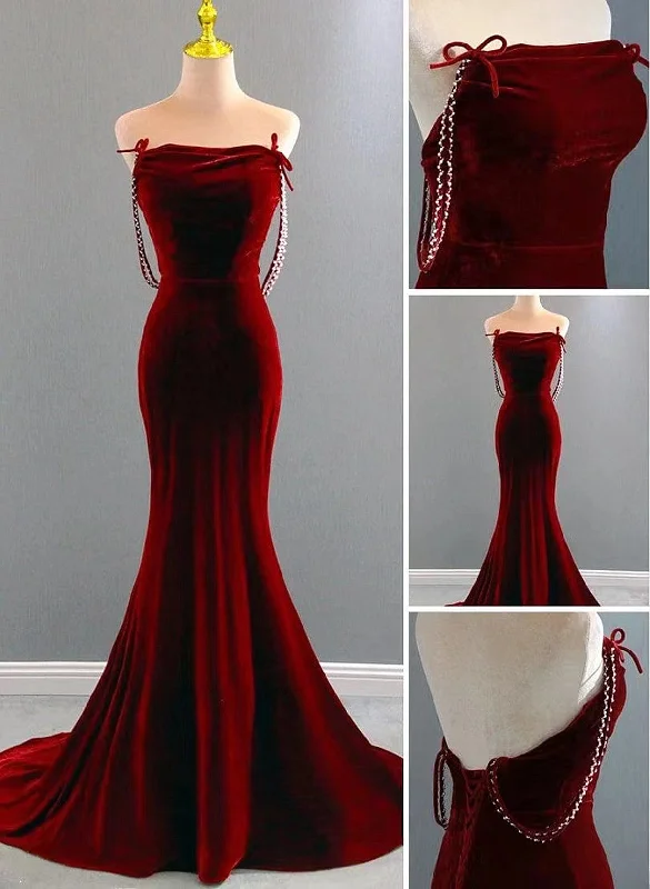 Charming Mermaid Wine Red Long Velvet Evening Dress, Wine Red Long Party Dress Tunics Gym athletic Charming Mermaid Wine Red Long Velvet Evening Dress, Wine Red Long Party Dress Tunics Gym athletic