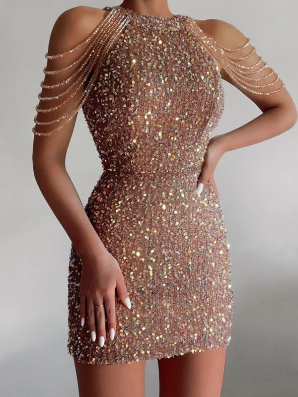 Sequined Chain Beads Bodycon Party Dress Tunics Versatile functional