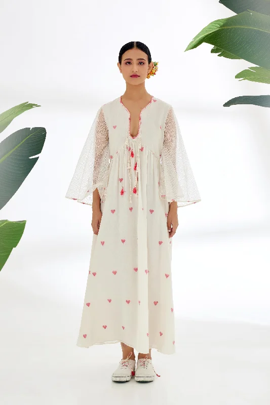 Cream Hand Woven Heart Jamdani Dress Tunics Mesh breathable