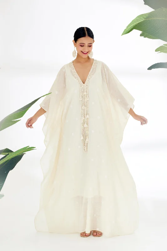 Cream Hand woven Polka Dot Jamdani Kaftan Dress Tunics Fleece cozy