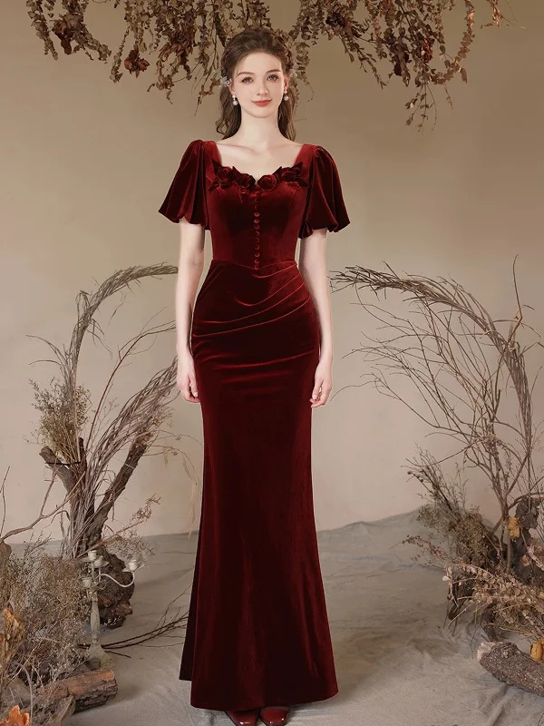 Wine Red Mermaid Velvet Short Sleeves Party Dress, Wine Red Bridesmaid Dress Tunics Formal black