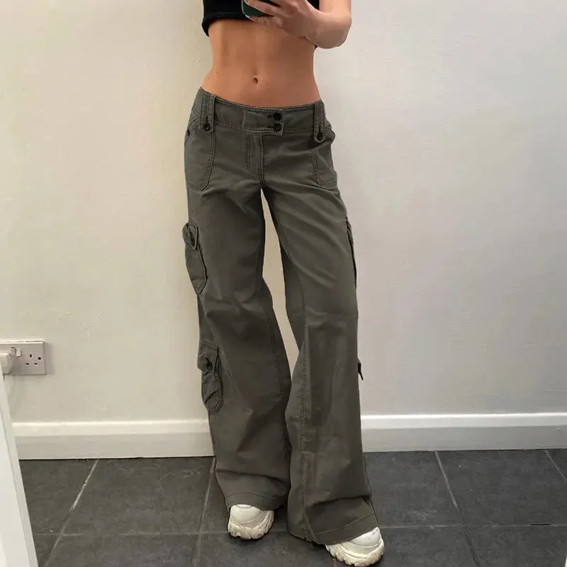 Low-Rise Multi-Pocket Pressed Loose Cargo Pants High-Waist Trousers