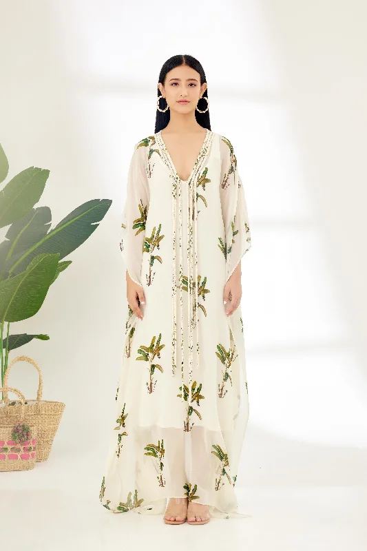 Off-White Hand painted Banana Tree Print Kaftan Dress Tunics Long Elegant