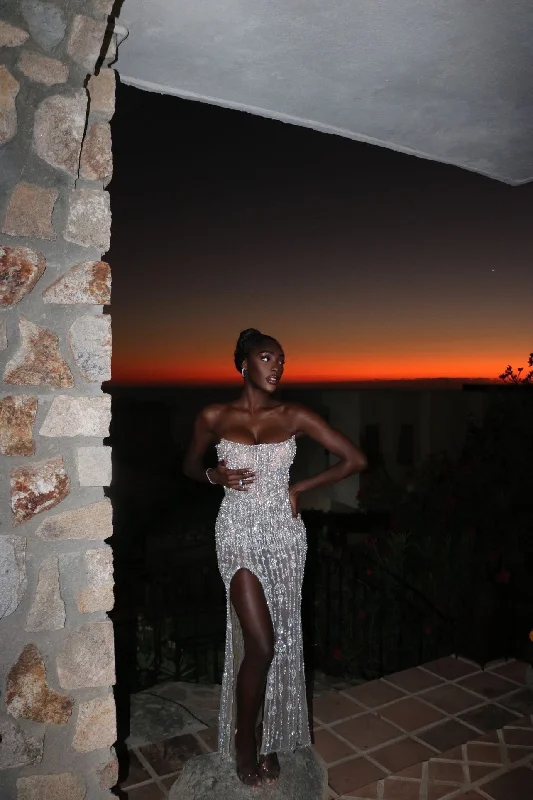 Strapless Silver Pearl Embroidered Dress with Side Slit Tunics Custom made