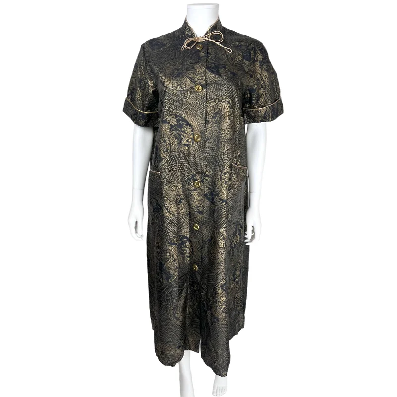 Vintage 1950s House Dress Gold Asian Print Morsam Ladies M L Tunics Running lightweight