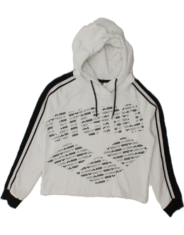 ARENA Womens Graphic Hoodie Jumper UK 14 Medium White Colourblock Cotton Hoodie with Metallic Shiny Futuristic