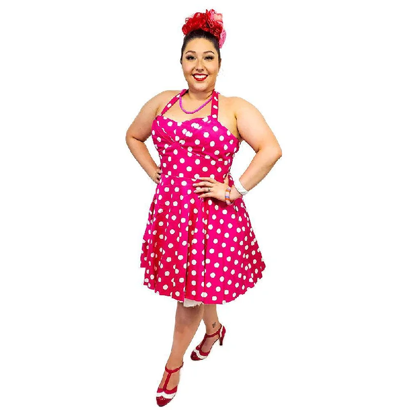 Eva Rose Hot Pink Polka Dot Halter Dress Cowl Neckline Elegant