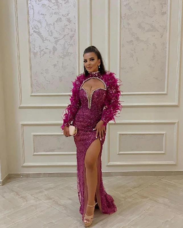 Long Sleeve Purple Embellished Evening Dress Bodycon Club Sequined