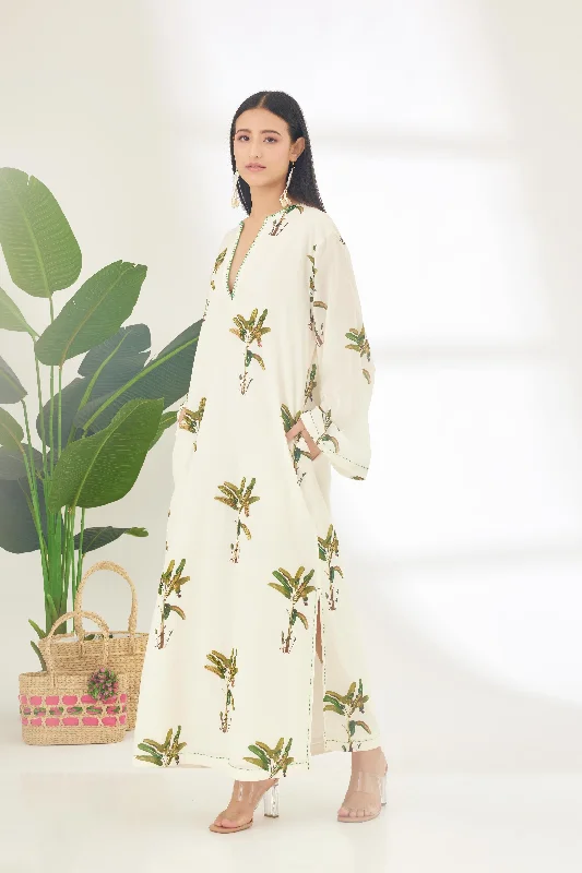Off-White Hand painted Banana Tree Print Kaftan Dress Cowl Neckline Elegant