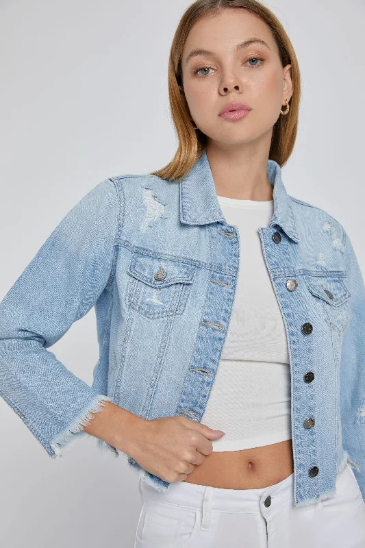 Mid Length Denim Jacket Frayed Edges Welt Pockets Slit Pockets Flap Pockets