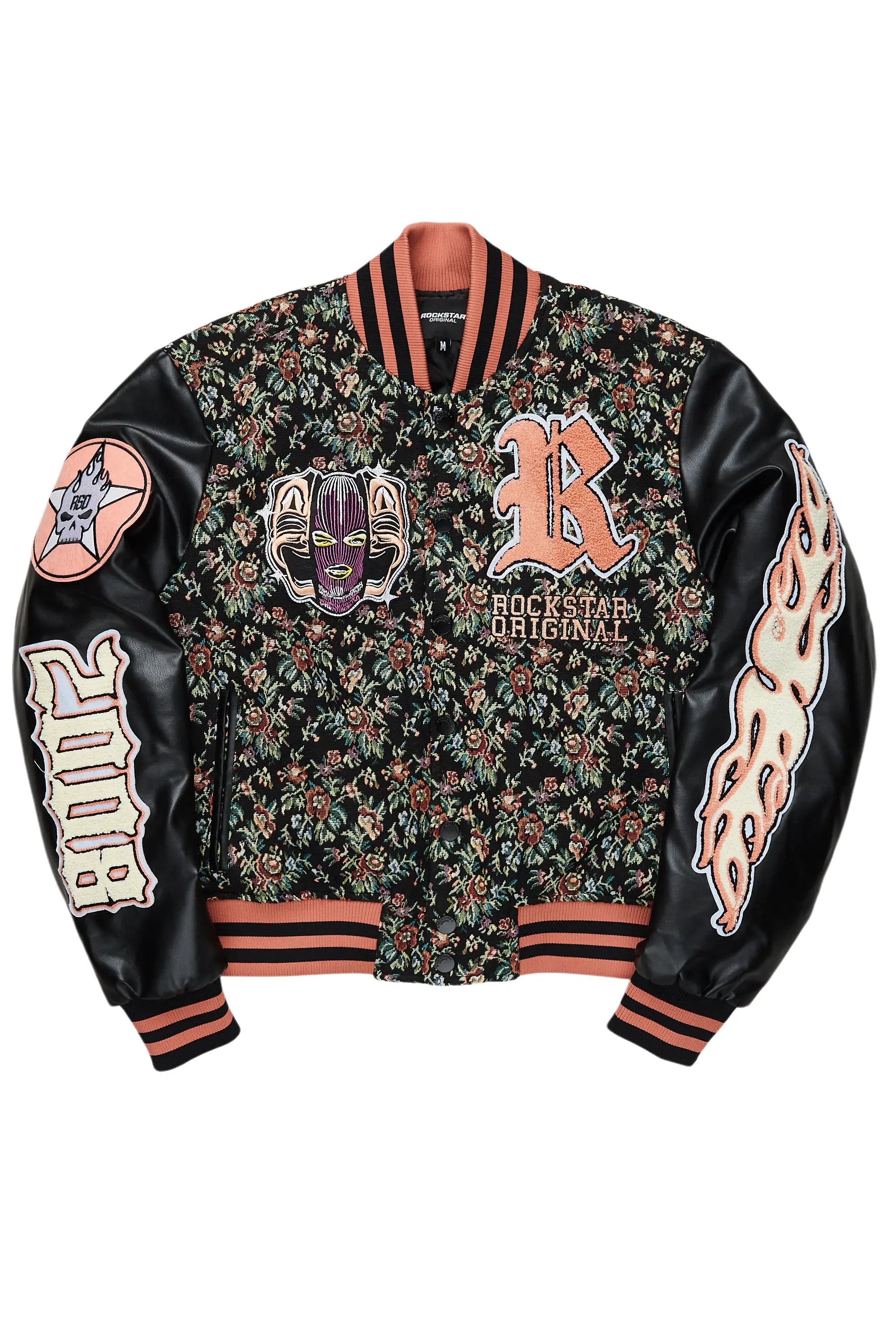 Lakiela Black Oversized Tapestry Varsity Jacket Rayon Fabric Velvet Fabric Corduroy Fabric