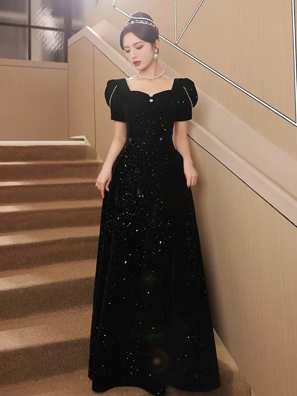 A-line Black Velvet Long Simple Floor Length Prom Dress, Black Velvet Party Dress Tunics Vintage classic A-line Black Velvet Long Simple Floor Length Prom Dress, Black Velvet Party Dress Tunics Vintage classic