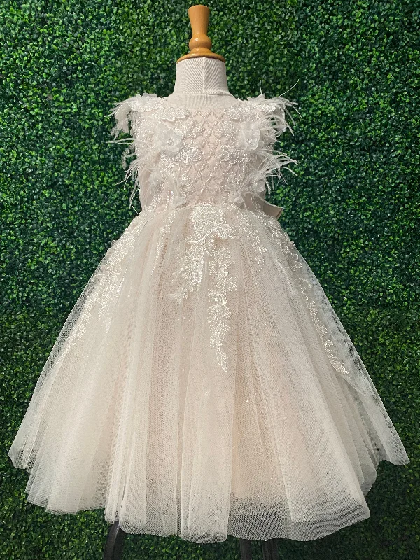 Princess Daliana Girls’ Blush Floral Feathered Party Dress Tunics Silk luxurious