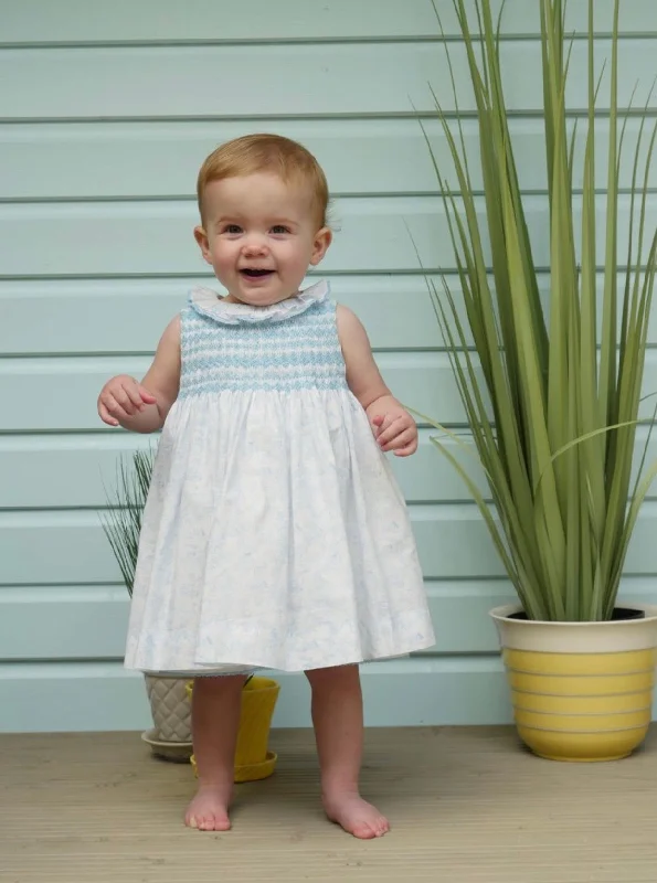 Rachel Riley Pastel Blue Hand Smocked Dress & Bloomer Set Shift Classic Vintage