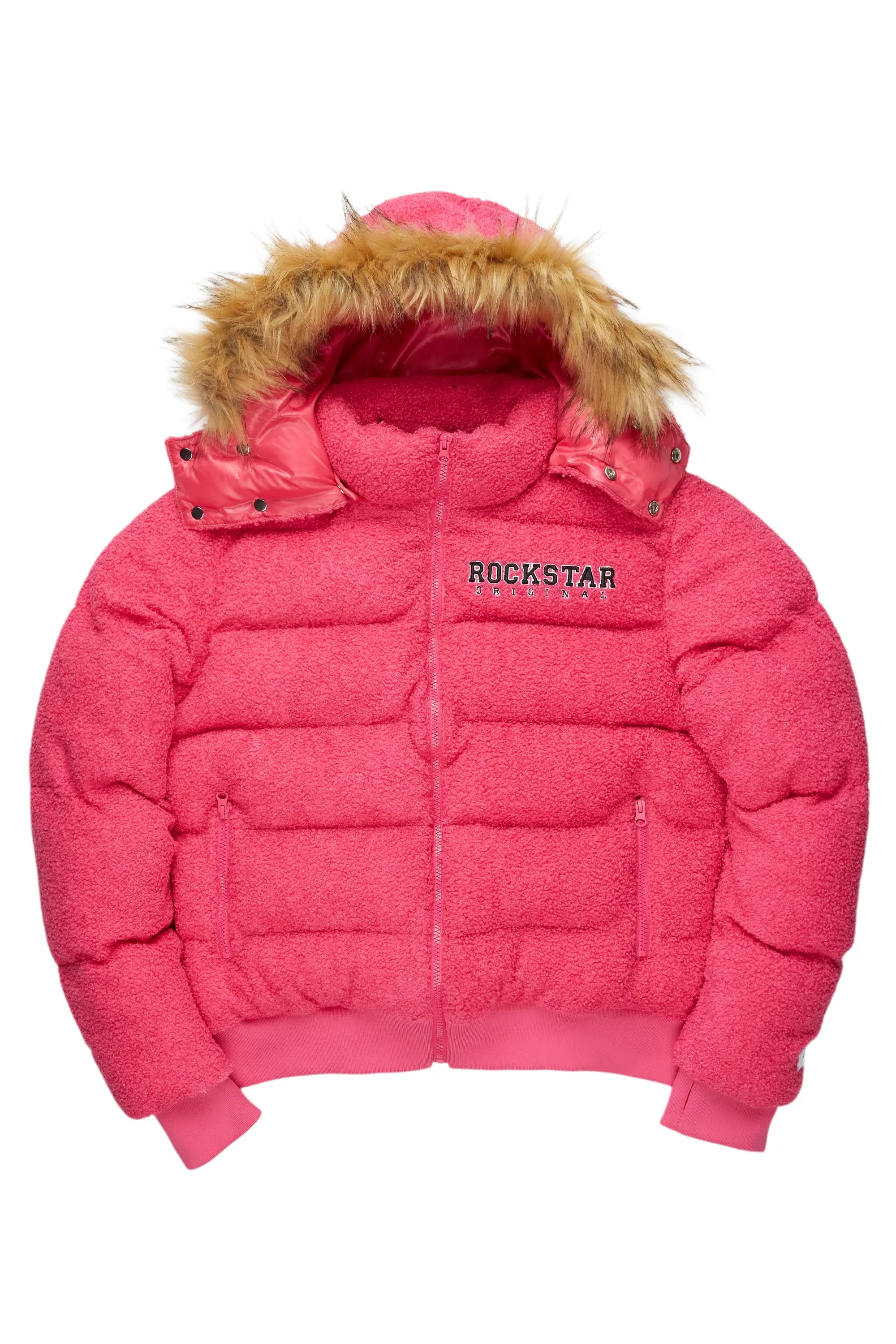 Kesia 2.0 Fuchsia Sherpa Puffer Jacket Zip Front Button Front Snap Front