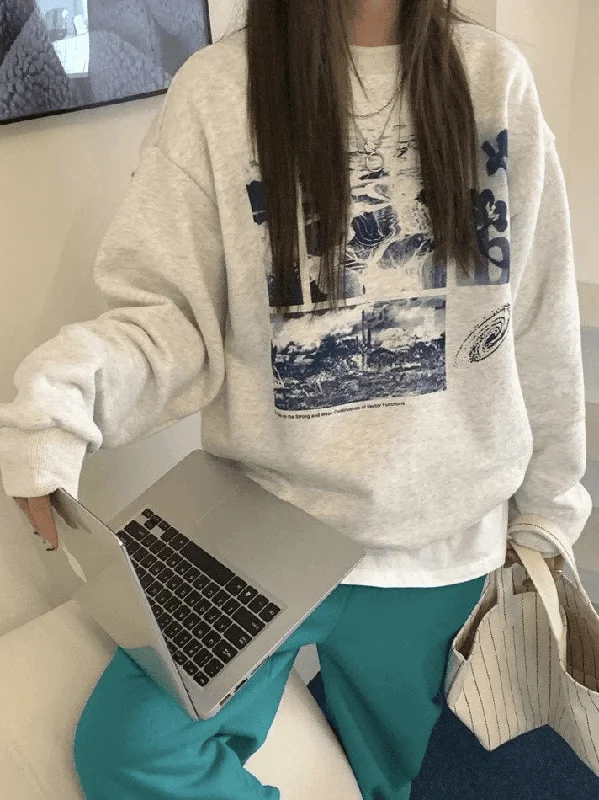 Landscape Print Crew Sweatshirt Hoodie with Hem Ribbing Snug Secure