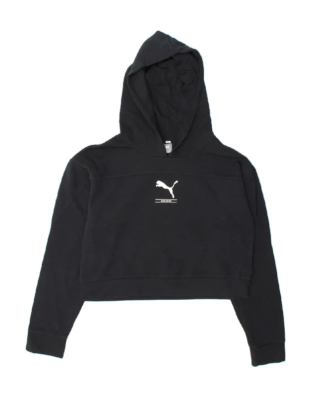 PUMA Womens Oversized Crop Hoodie Jumper UK 6 XS Black Cotton Hoodie with Distressed Vintage Worn PUMA Womens Oversized Crop Hoodie Jumper UK 6 XS Black Cotton Hoodie with Distressed Vintage Worn