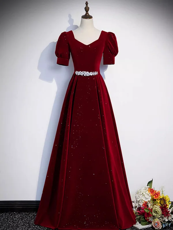 Wine Red Velvet Short Sleeves Beaded Prom Dress, Wine Red A-line Party Dress Tunics Occasion special Wine Red Velvet Short Sleeves Beaded Prom Dress, Wine Red A-line Party Dress Tunics Occasion special