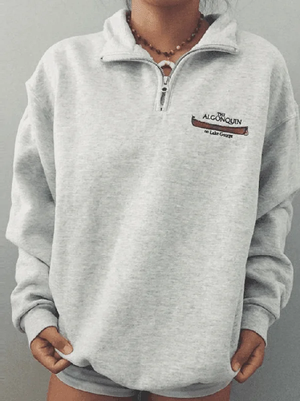 Quarter Zip Printed Sweatshirt Hoodie with Rolled Sleeves Casual Relaxed