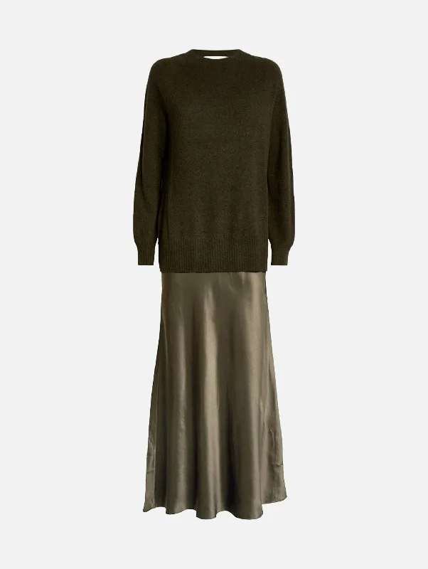Monument Long Dress in Khaki Boatneck Modish Everyday