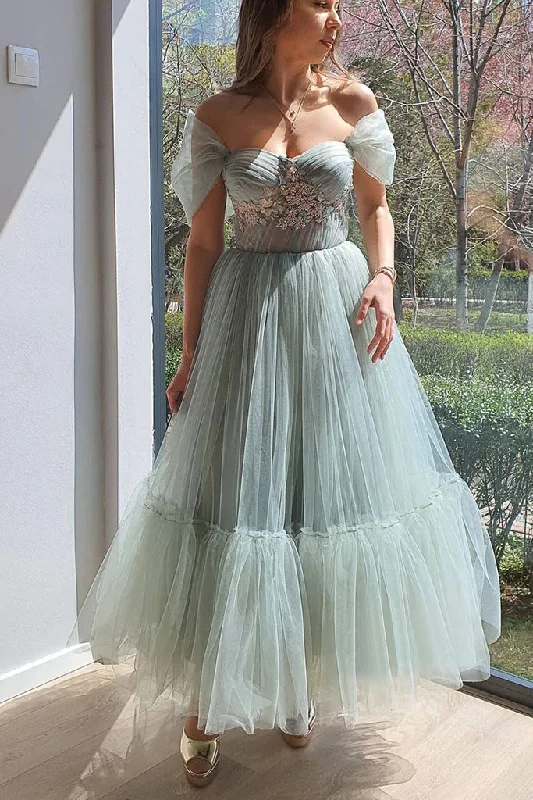 Unique Off the Shoulder Tulle A Line Long Prom Dresses, Evening Party Dresses DMP197 Tunics Prom sequined