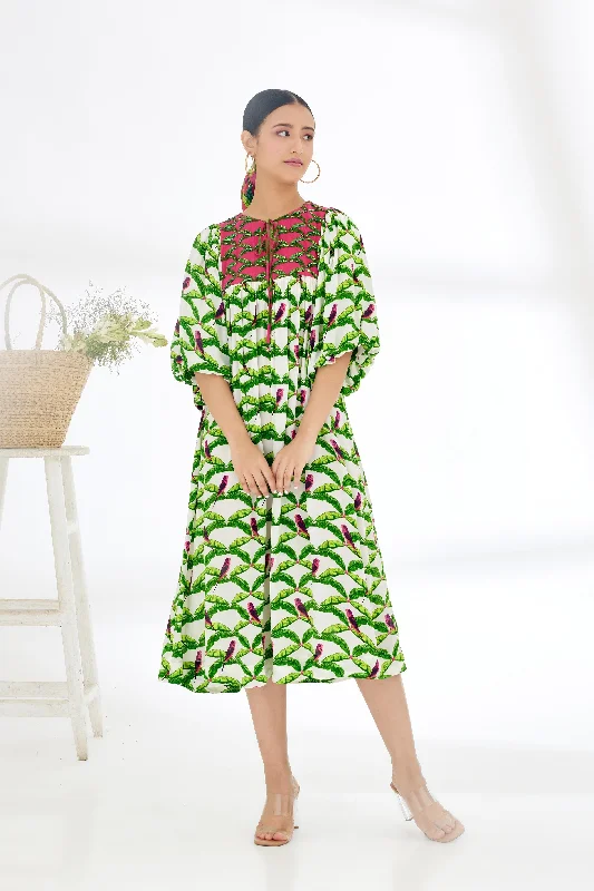 Off-White Hand Painted Parakeet Print Dress Tunics Yoga stretchy
