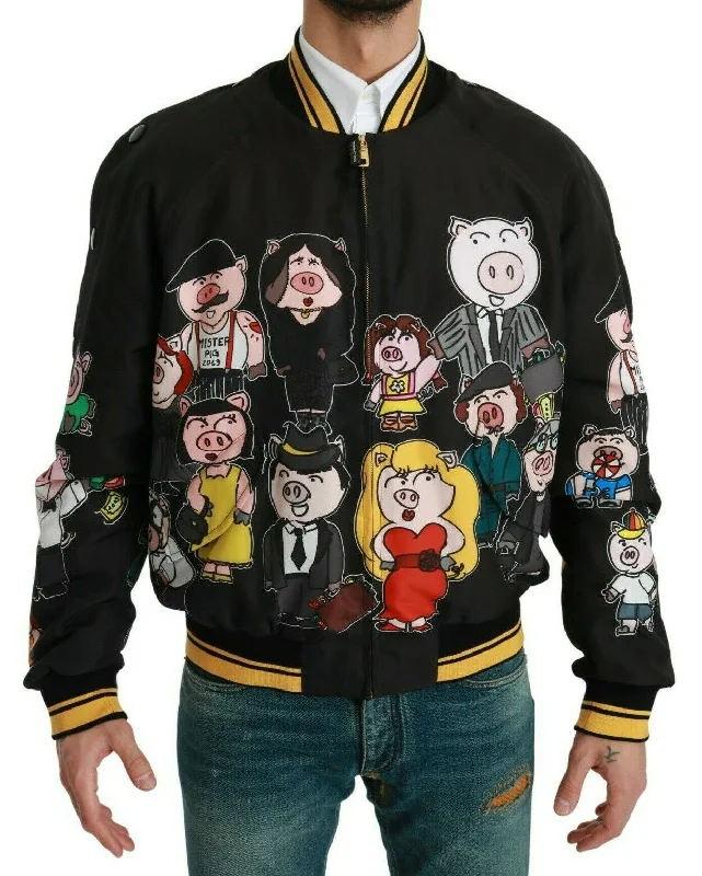 Multicolor Motive Bomber Style Jacket Notch Collar Peter Pan Collar Cowl Neck