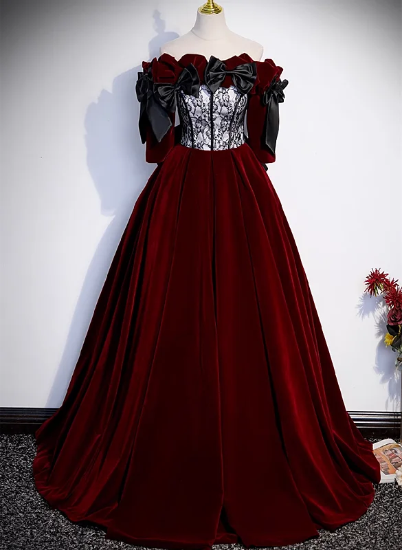 Wine Red Velvet with Lace Off Shoulder Party Dress, Wine Red Long Evening Dress Chiffon Maxi Beach Wine Red Velvet with Lace Off Shoulder Party Dress, Wine Red Long Evening Dress Chiffon Maxi Beach