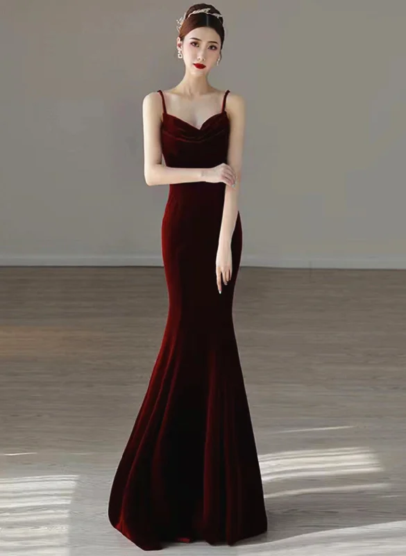 Wine Red Velvet Straps Low Back Long Prom Dress, Wine Red Party Dress Tunics Practical durable Wine Red Velvet Straps Low Back Long Prom Dress, Wine Red Party Dress Tunics Practical durable