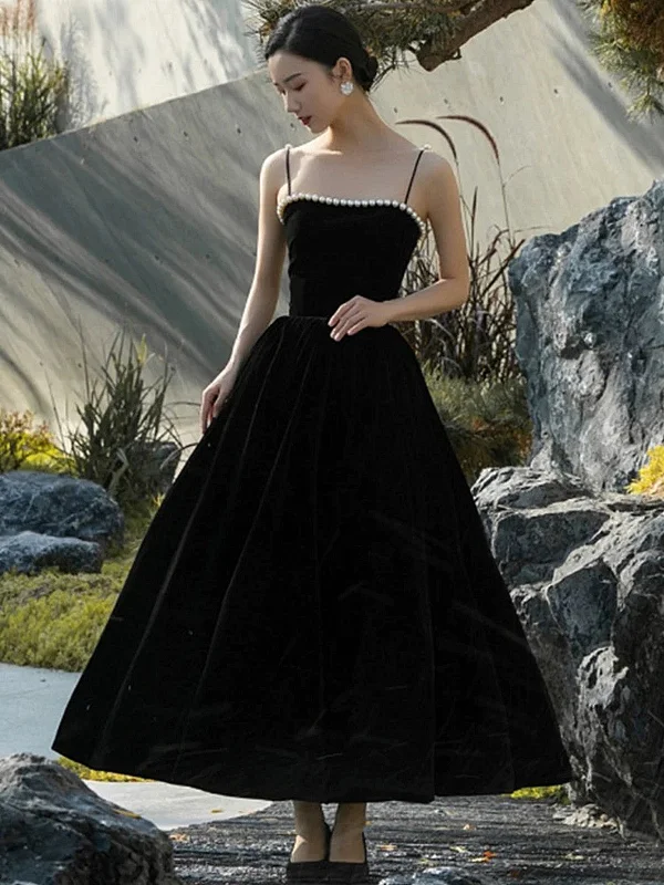 Black Tea Length Velvet Straps Lace-up Formal Dress, Black Velvet Party Dress Tunics Ceremony elegant Black Tea Length Velvet Straps Lace-up Formal Dress, Black Velvet Party Dress Tunics Ceremony elegant
