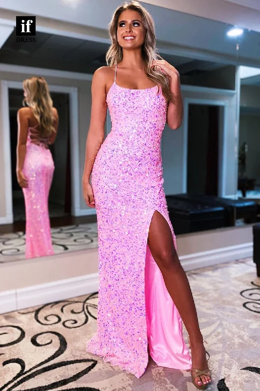 30832 - Women's Spaghetti Straps Pink Sequins Sparkly Prom Dress with Slit