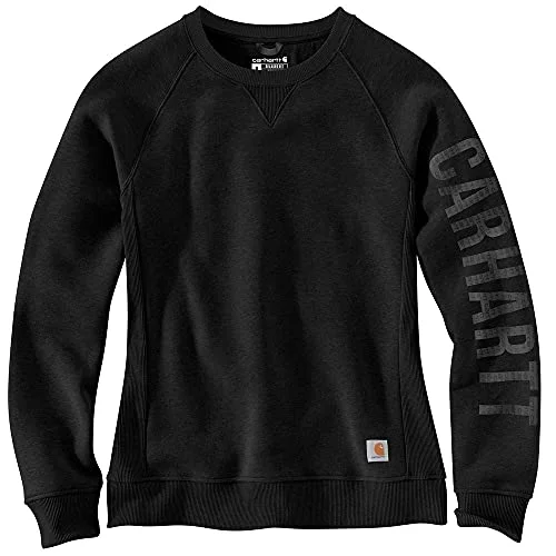 Carhartt Women's Relaxed Fit Midweight Crewneck Block Logo Sleeve Graphic Sweatshirt, Black, Small Hoodie with Hem Contrast Bold Stylish Carhartt Women's Relaxed Fit Midweight Crewneck Block Logo Sleeve Graphic Sweatshirt, Black, Small Hoodie with Hem Contrast Bold Stylish