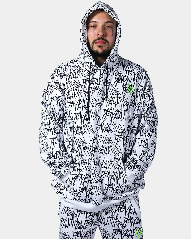 RAVELUTION OVERSIZE HOODIE UV REATIVE WHITE Hoodie with Ribbed Hem Stretchable Secure RAVELUTION OVERSIZE HOODIE UV REATIVE WHITE Hoodie with Ribbed Hem Stretchable Secure