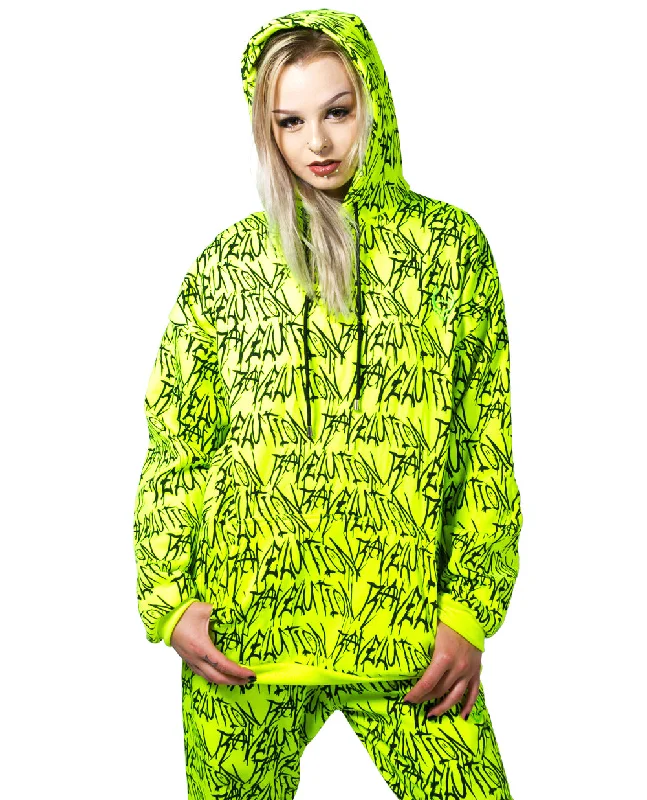 RAVELUTION OVERSIZE HOODIE UV REATIVE YELLOW Hoodie with Hem Fringe Bohemian Relaxed
